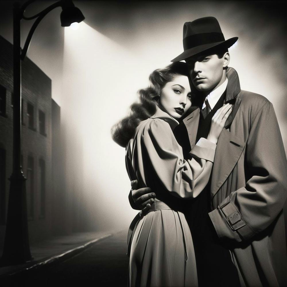 Rendezvous 2/4  (art noir detective Maltese falcon sleuth private dick eye pi trench coat couple romance secret desire 1950s 1940s 1930s 1920s movie black and white Casablanca)    