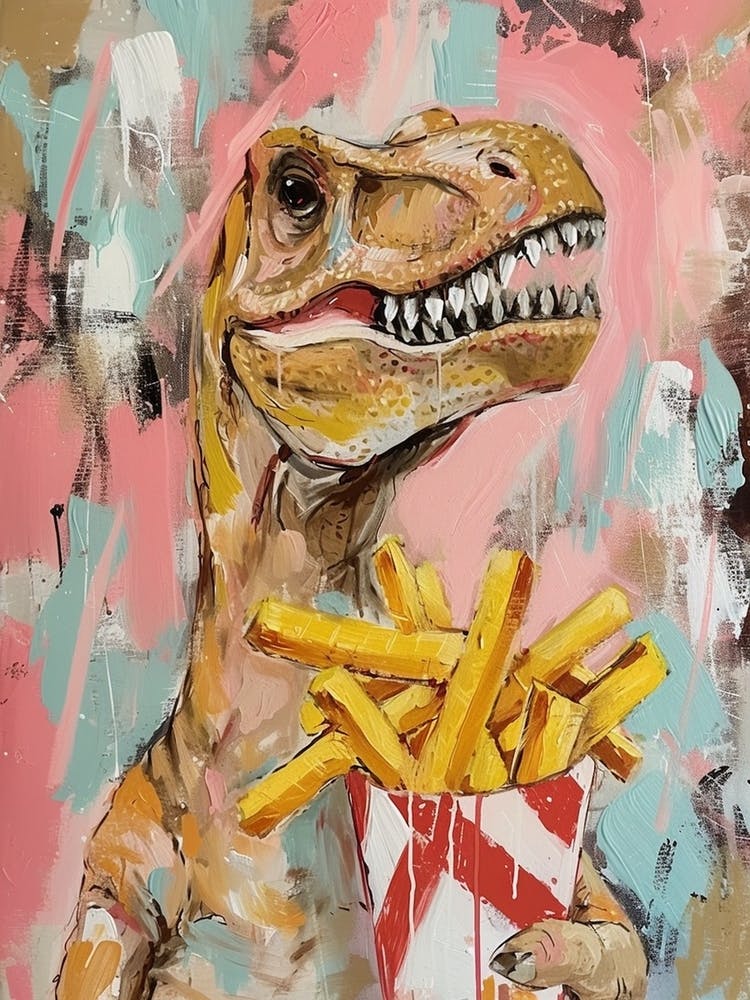 Pastel Pink & Blue Dinosaur Eating Fries