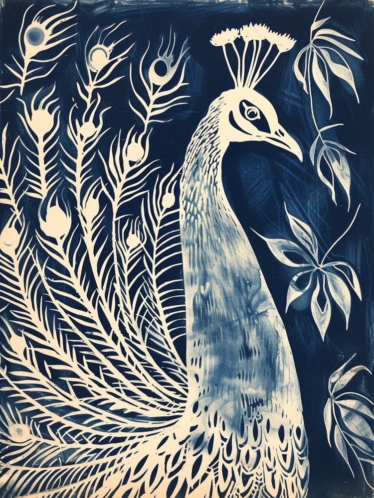 Navy Blue Peacock Leaf Portrait 1