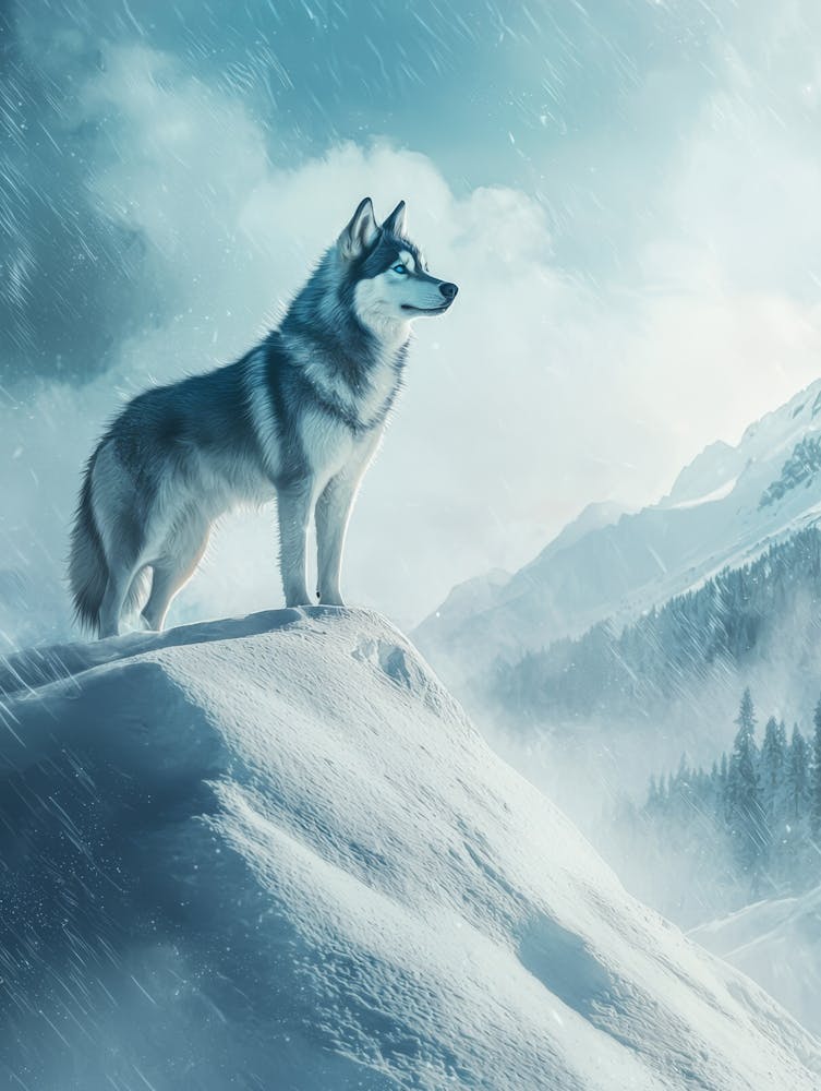 Wolf Standing On Snowy Mountain. Generated with AI.