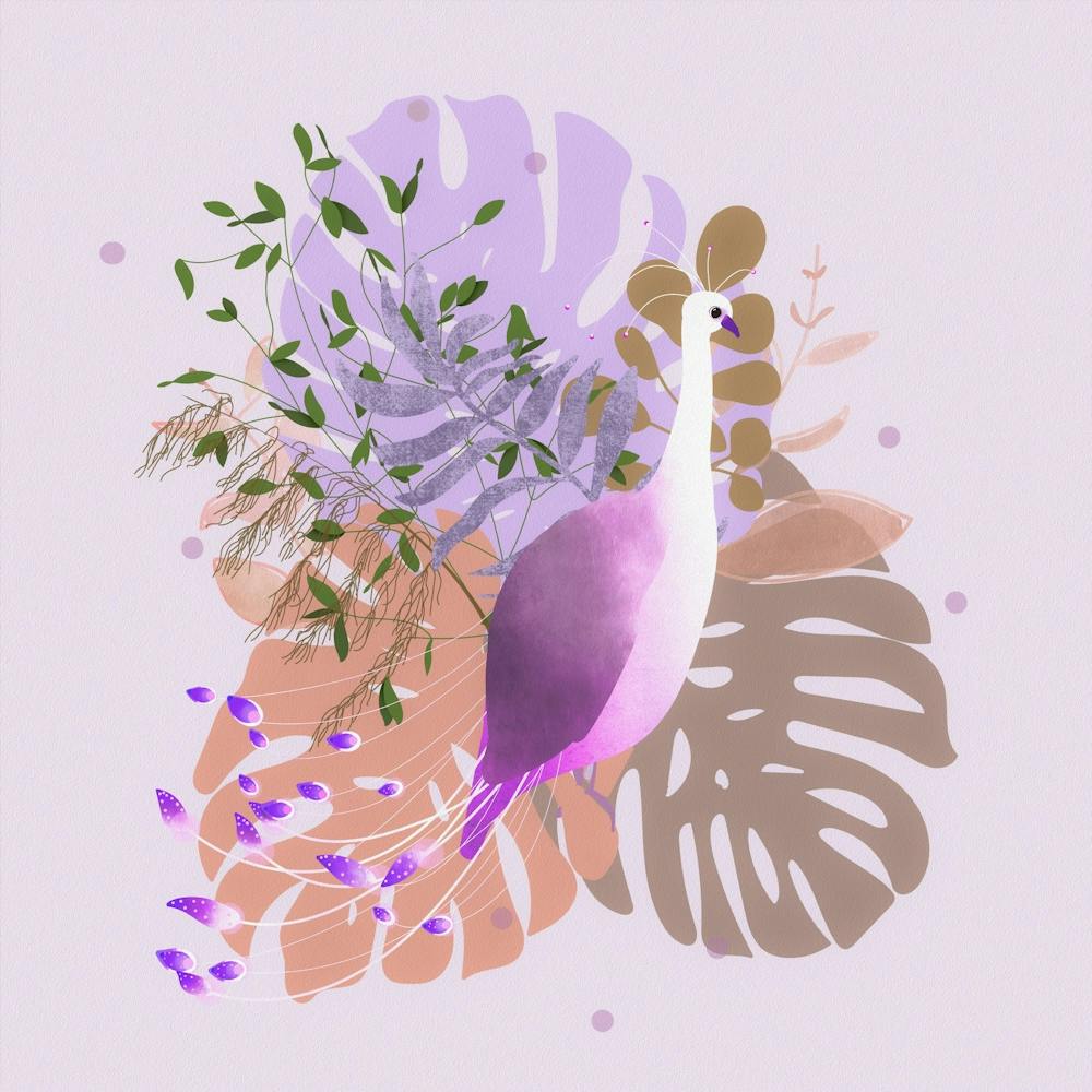 Feuilles de Monstera et Oiseau - Dessin sur Feuille