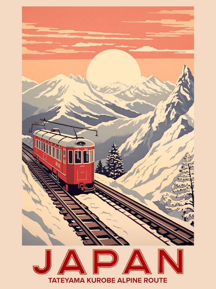 Tateyama Kurobe Alpine Route, Visit Japan Vintage Travel Art 1