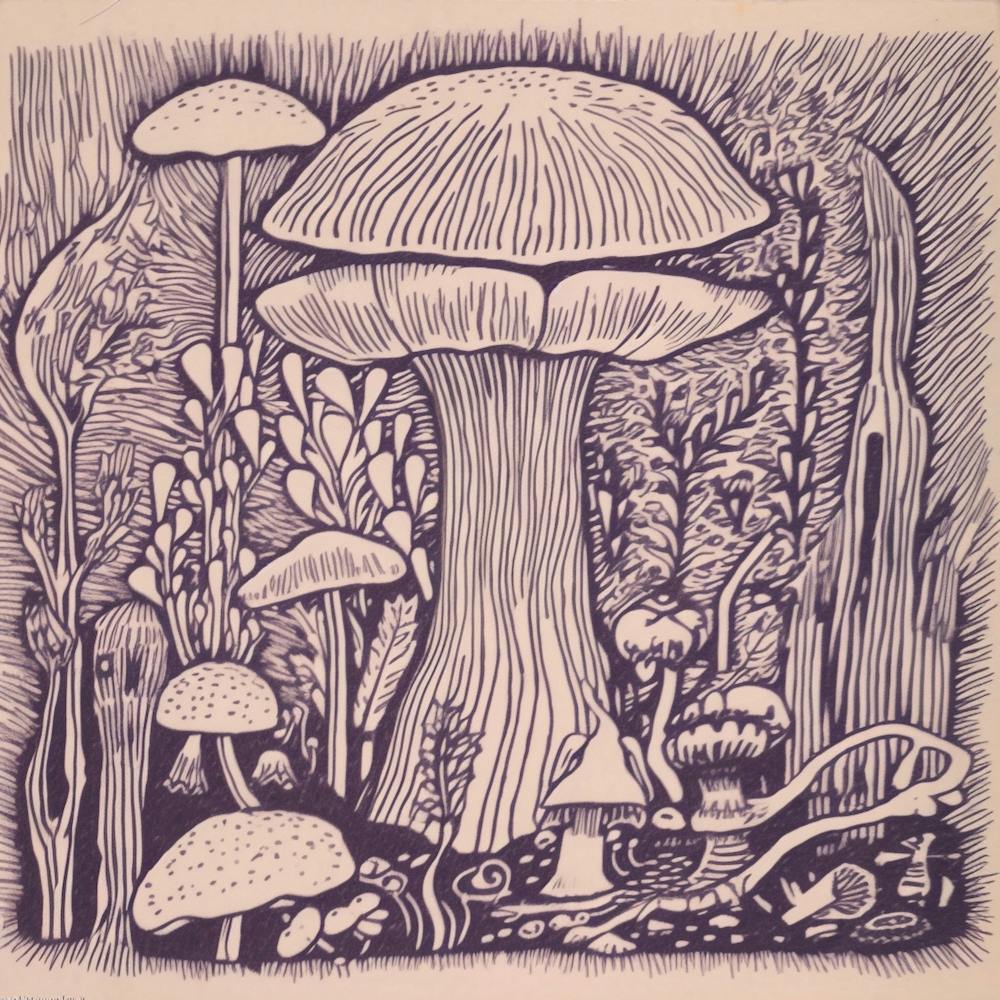 Mushroom Woodcut Purple 11