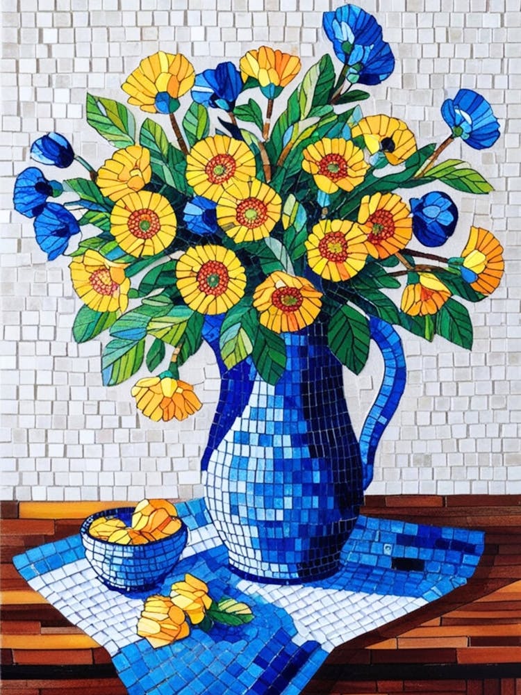 Blue Vase With Yellow Flowers 1