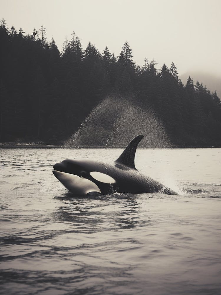 Black & White Realistic Photography Of Orca Whale Spraying Water