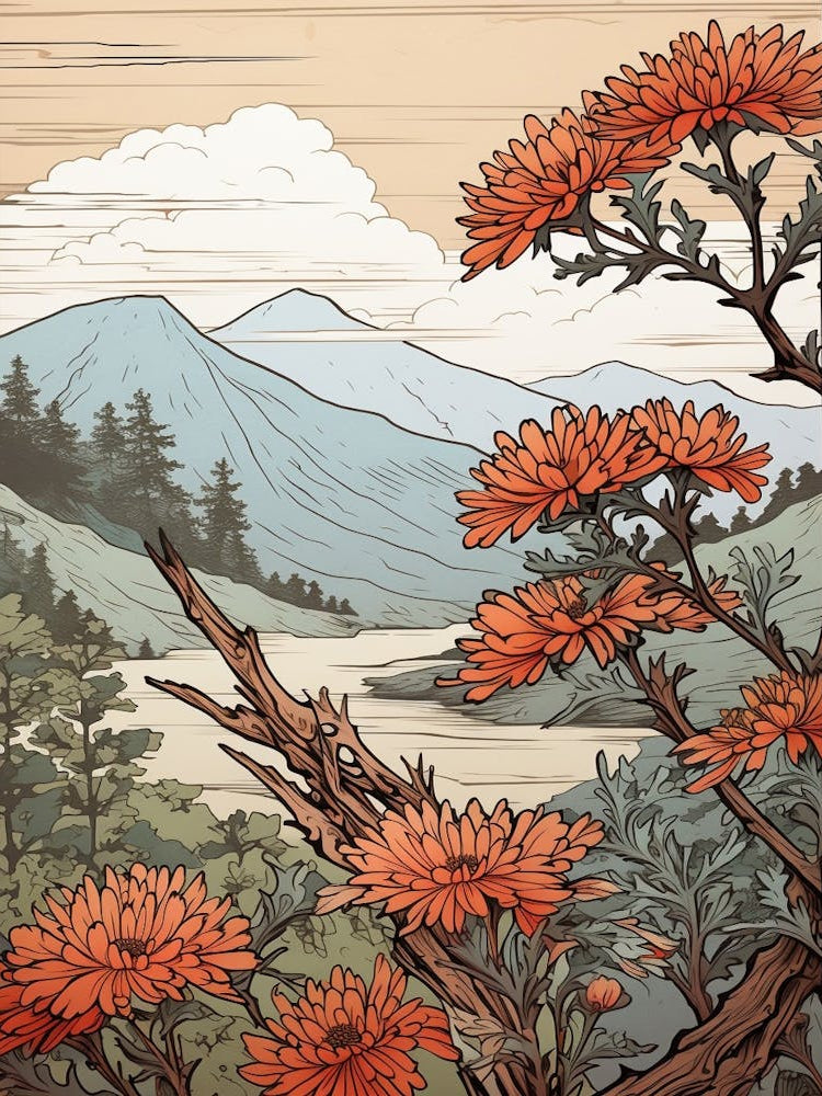 Omurasaki Japanese Aster 2 Japanese Botanical Illustration