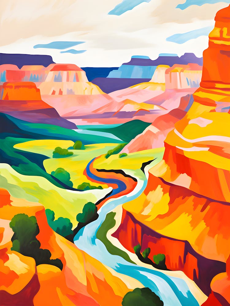Farbenfrohe Grand Canyon Wandkunst Lebhafter Südwest-Landschaftsdruck Modernes Wüstenfluss-Gemälde Naturinspirierte Wohndeko Abstraktes Canyon-Poster