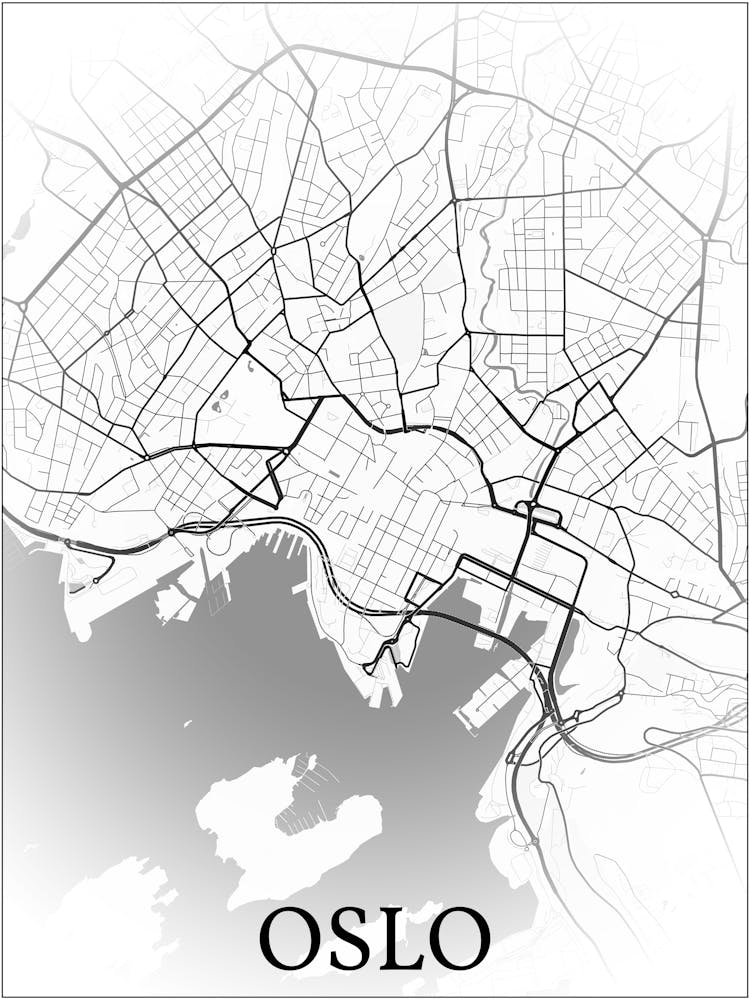 Oslo, Norway, City Map, Black And White Fade Design