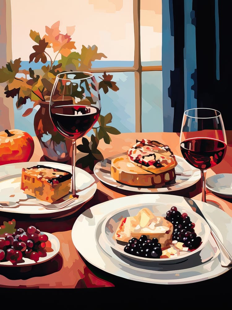 Atutumn Dinner Table With Cheese And Wine, Painting