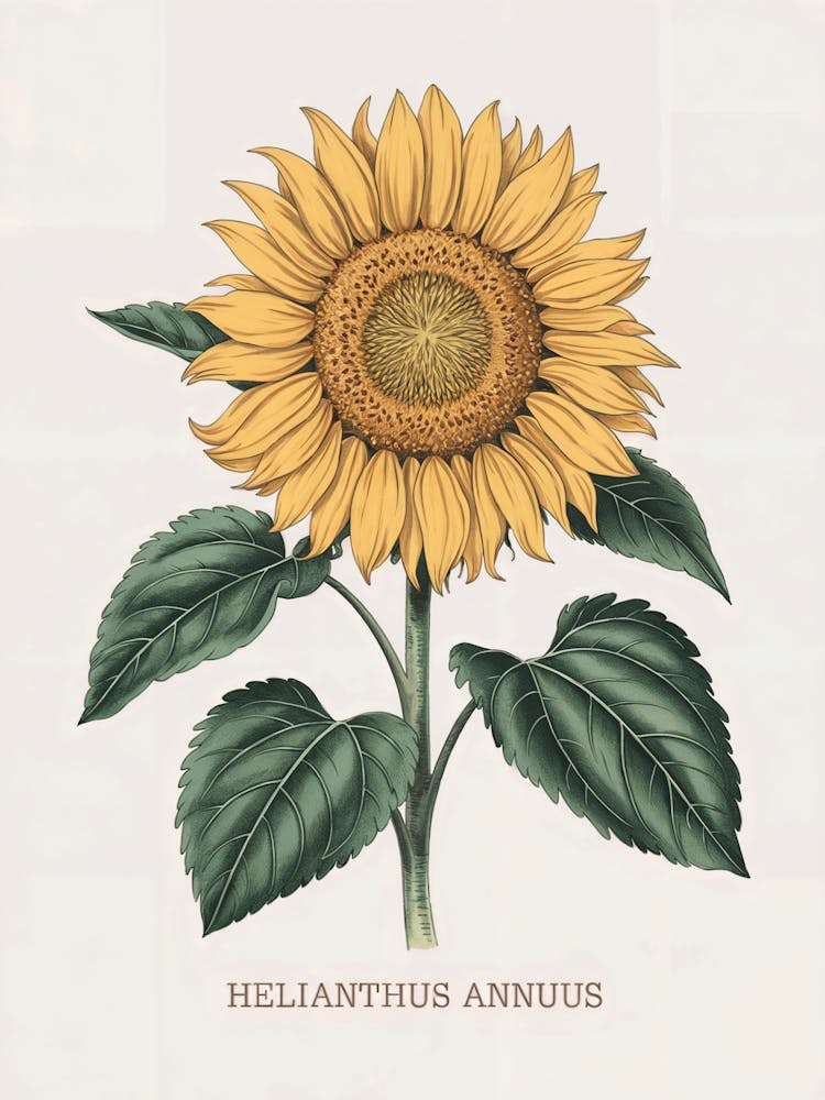Helianthus Annuus Botanical Illustration - Sunflower
A beautiful botanical illustration of the Helianthus Annuus, or sunflower, featuring bright yellow petals and lush green leaves. This piece brings warmth and natural charm to any setting.
Perfect for a kitchen, dining area, or sunny living space, adding a cheerful and inviting touch.