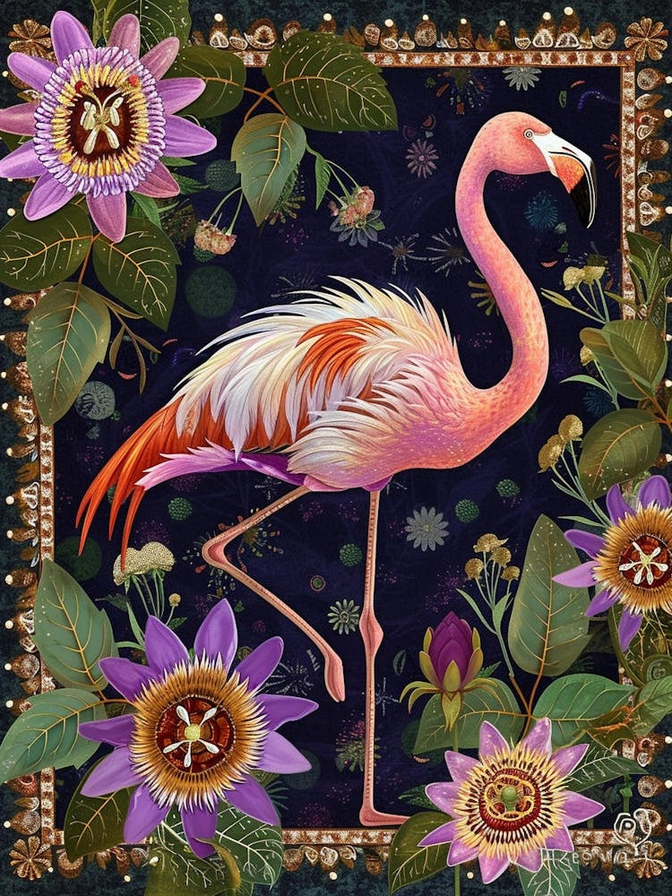 Greater Flamingo And Passionflowers Boho Print 4