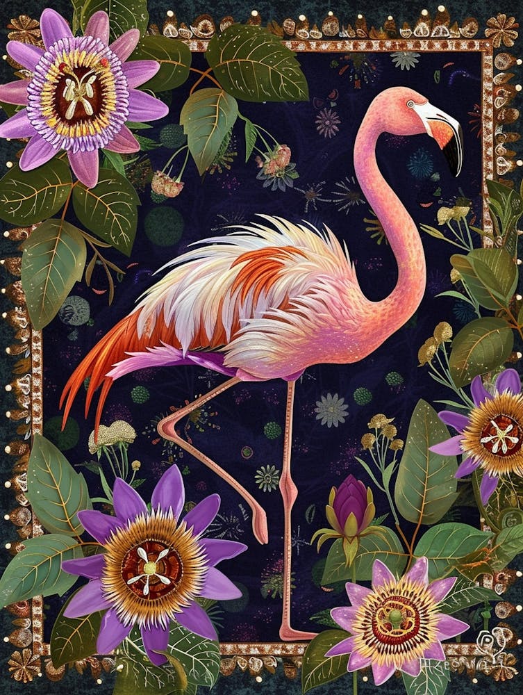 Greater Flamingo And Passionflowers Boho Print 4