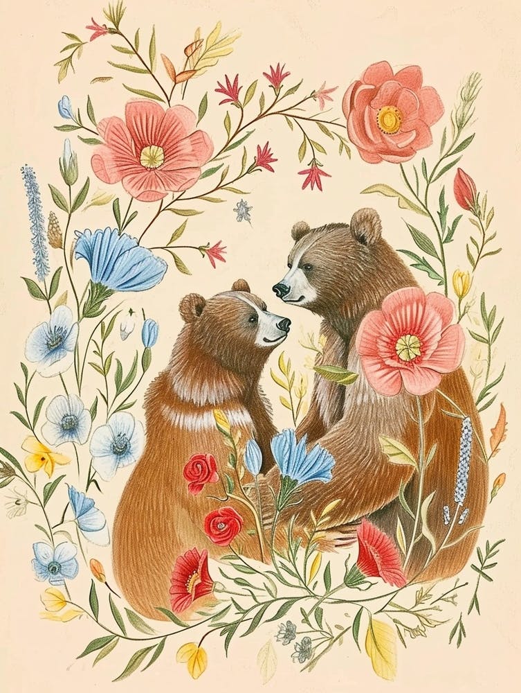 Folksy Floral Animal Drawing Bear 4