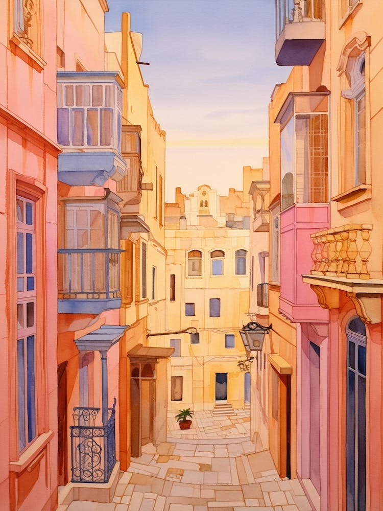 Valletta Malta 2 Vintage Rosa Reise-Illustration