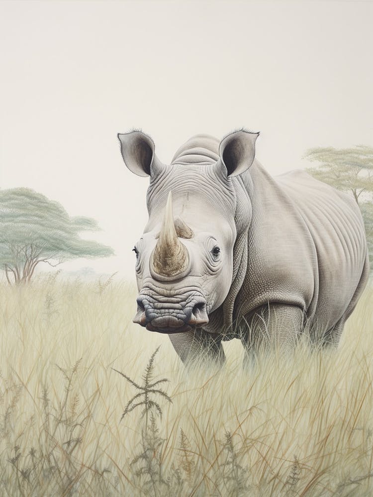 Vintage Rhino Illustration In The Grass 2