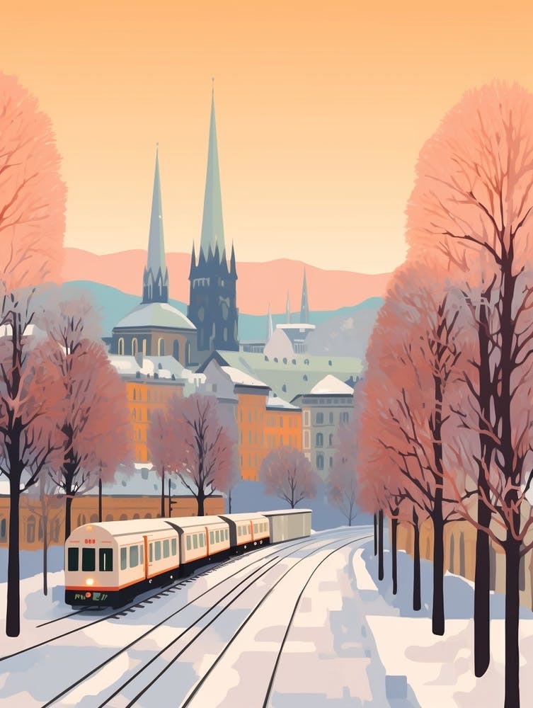 Vintage Winter Travel Illustration Geneva Switzerland 1