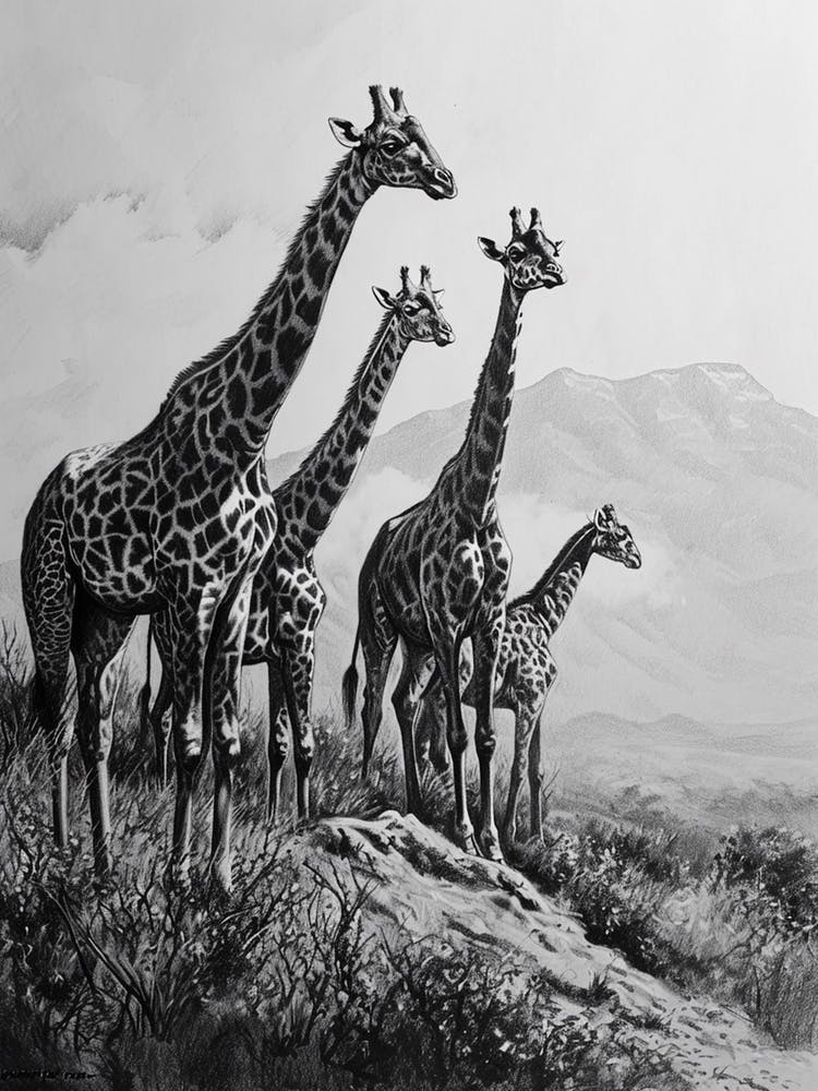 Herd Of Giraffe Pencil Portrait 1