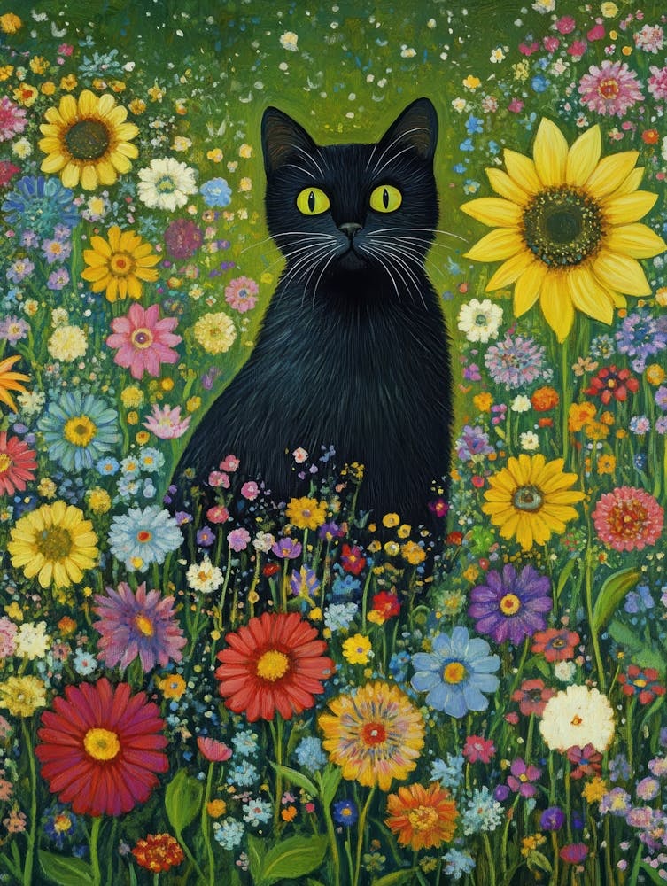 Black Cat In A Flower Field 1