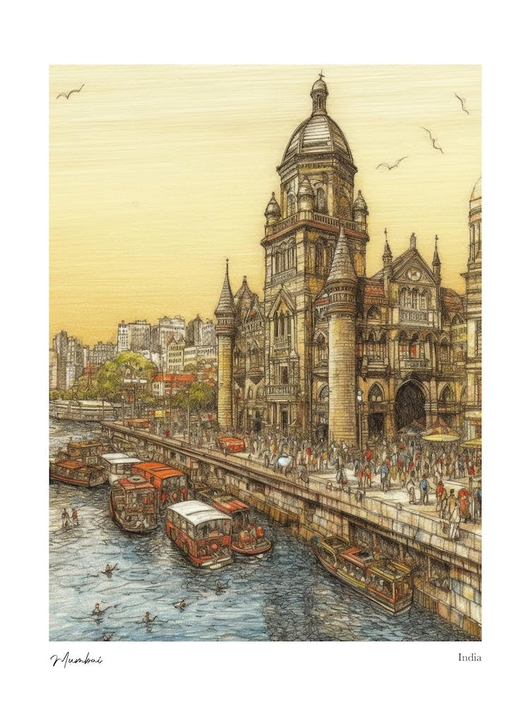 Mumbai India Drawing Pencil Style 2 Travel Poster