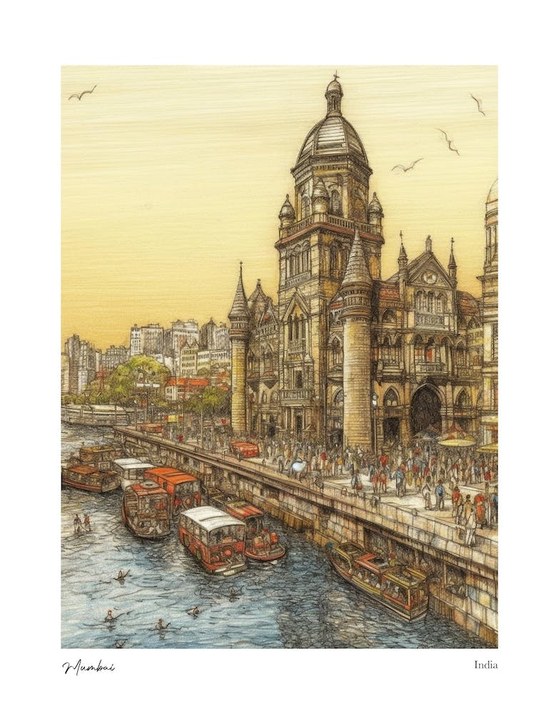 Mumbai India Drawing Pencil Style 2 Travel Poster