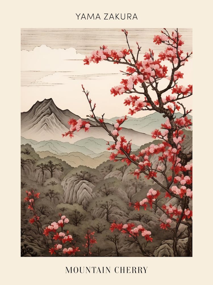 Yama Zakura Mountain Cherry Japanese Botanical Illustration Poster