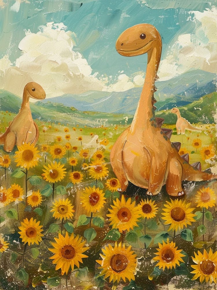 Cute Dinosaurs In A Sunflower Field