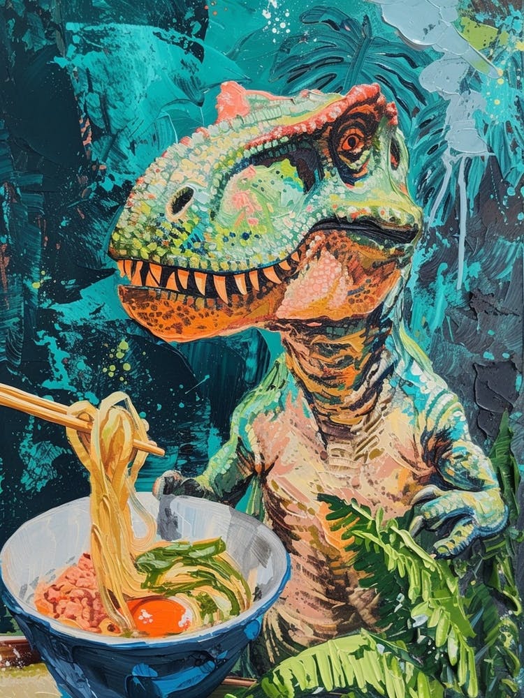 Dinosaur Eating Ramen Blue Brushstroke 2