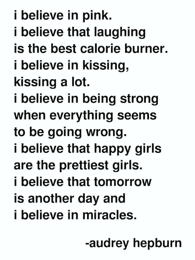 I Believe In Pink Audrey Hepburn Quote Statement In White