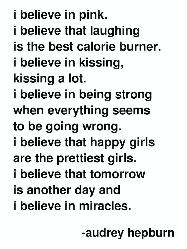 I Believe In Pink Audrey Hepburn Quote Statement In White
