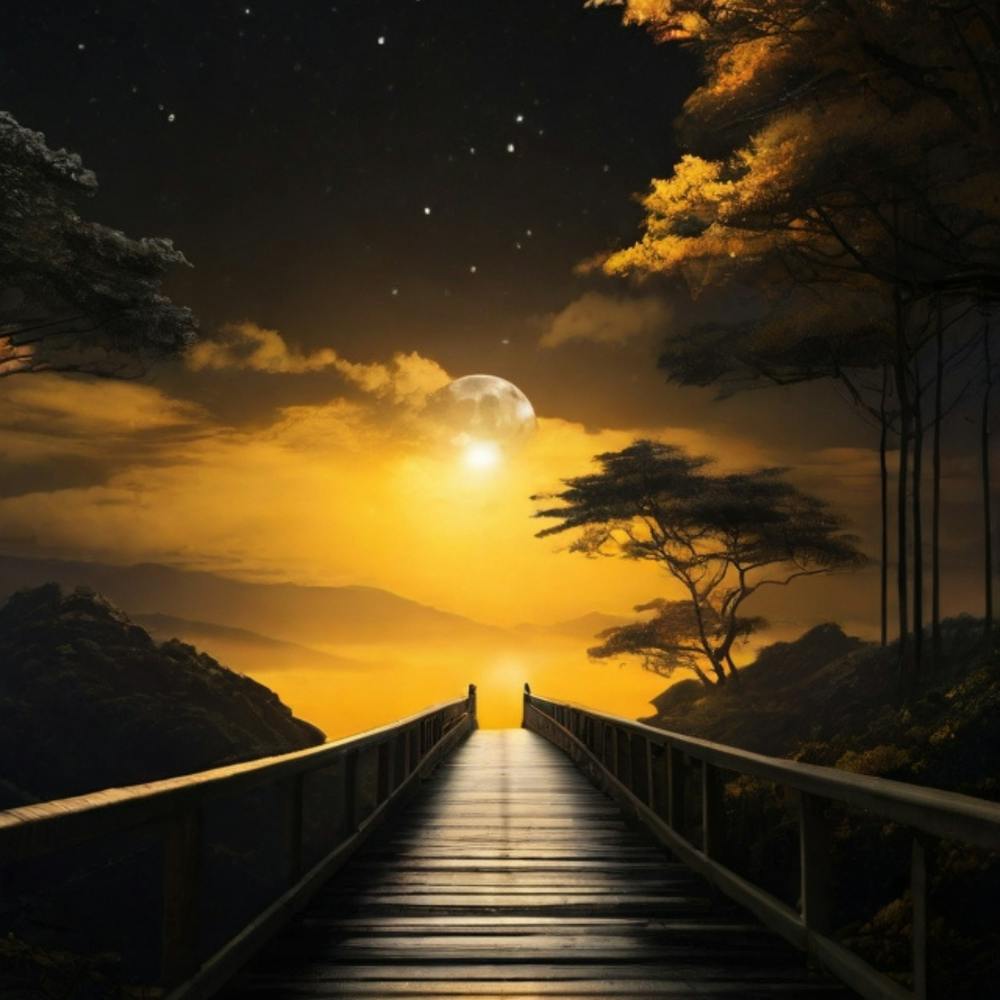 forest in dark black night..there is dark yellow and orange moonlight.