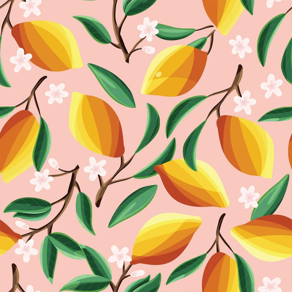 Sunny Lemon Pattern With Florals On Pink Square