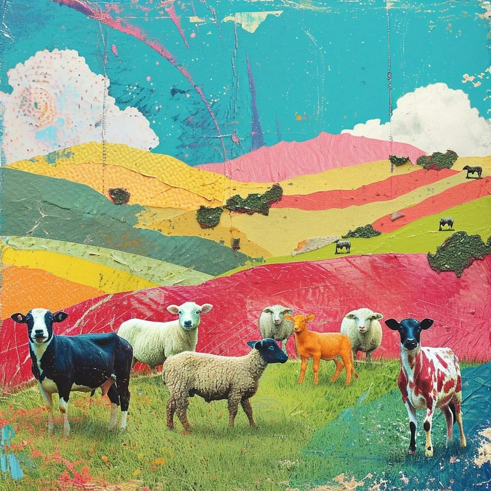 Regenbogen-Bauernhoftiere auf dem Feld