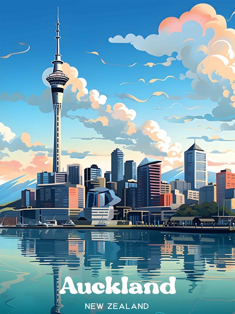 Auckland City Skyline New Zealand Travel Illustration