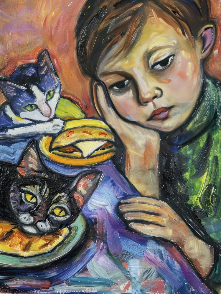 Portrait Of A Boy With Cats Having Dinner 1