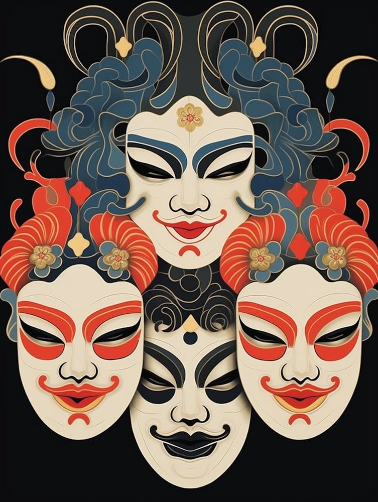Noh Masks Japanese Style Illustration 19