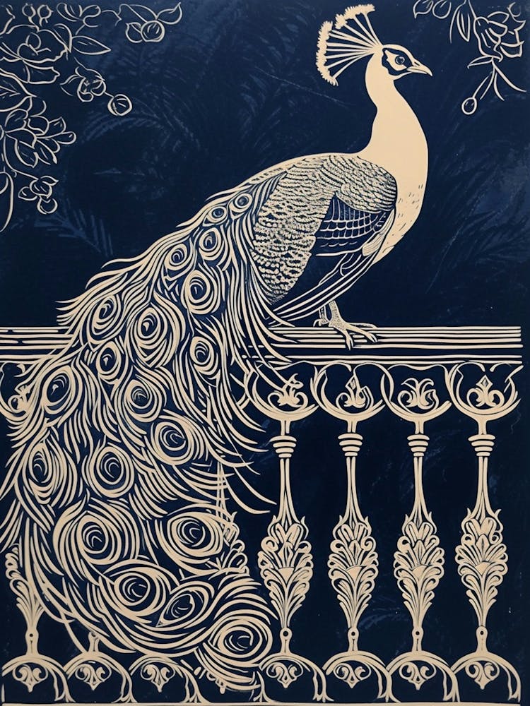 Peacock On Fancy Railing Linocut Inspired 2