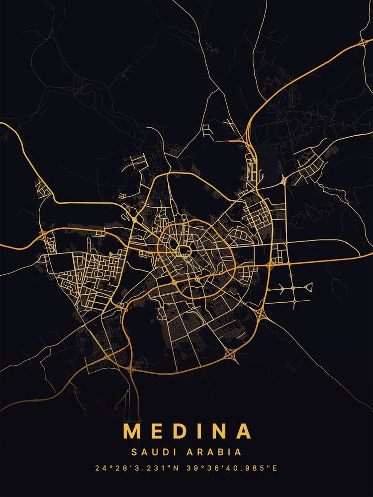 Medina Saudi Arabia Black And Gold Map
