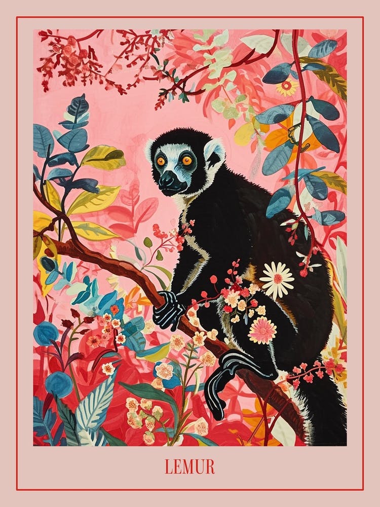 Florale Tiermalerei Lemur 3 Poster