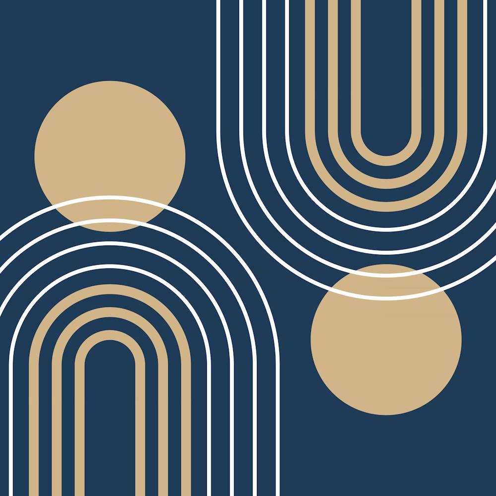 Mid Century Modern Geometric B30 In Navy Blue And Tan (Rainbow And Sun Abstract) 02