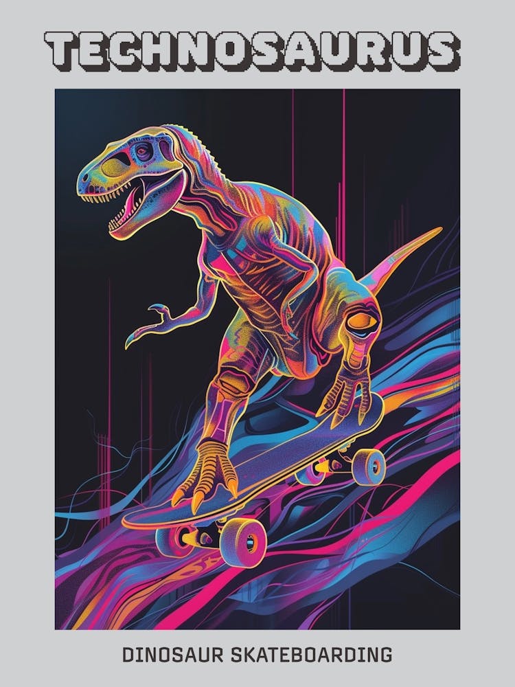 Dinosaur Futuristic Graphic Illustration On A Skateboard Poster