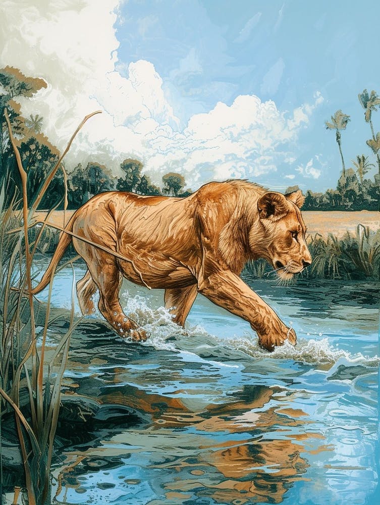 African Lion Relief Illustration Crossing A River 2
