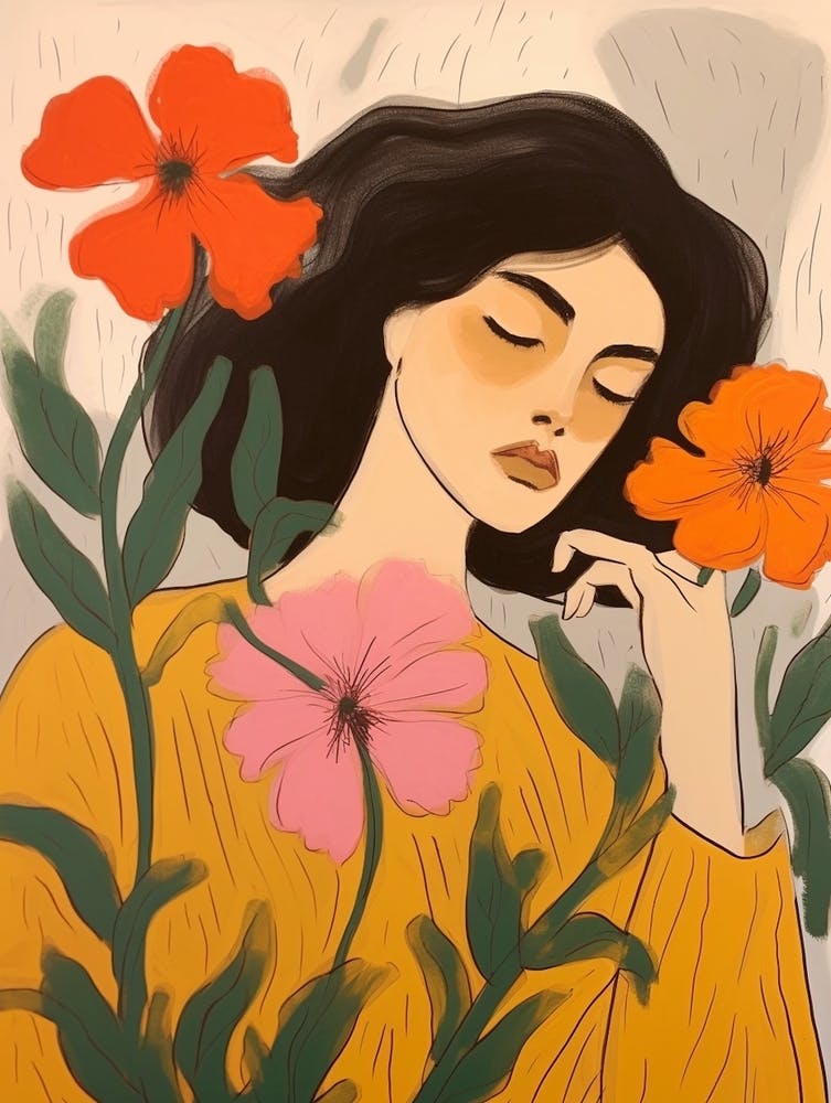 Woman With Autumnal Flowers Petunia 1
