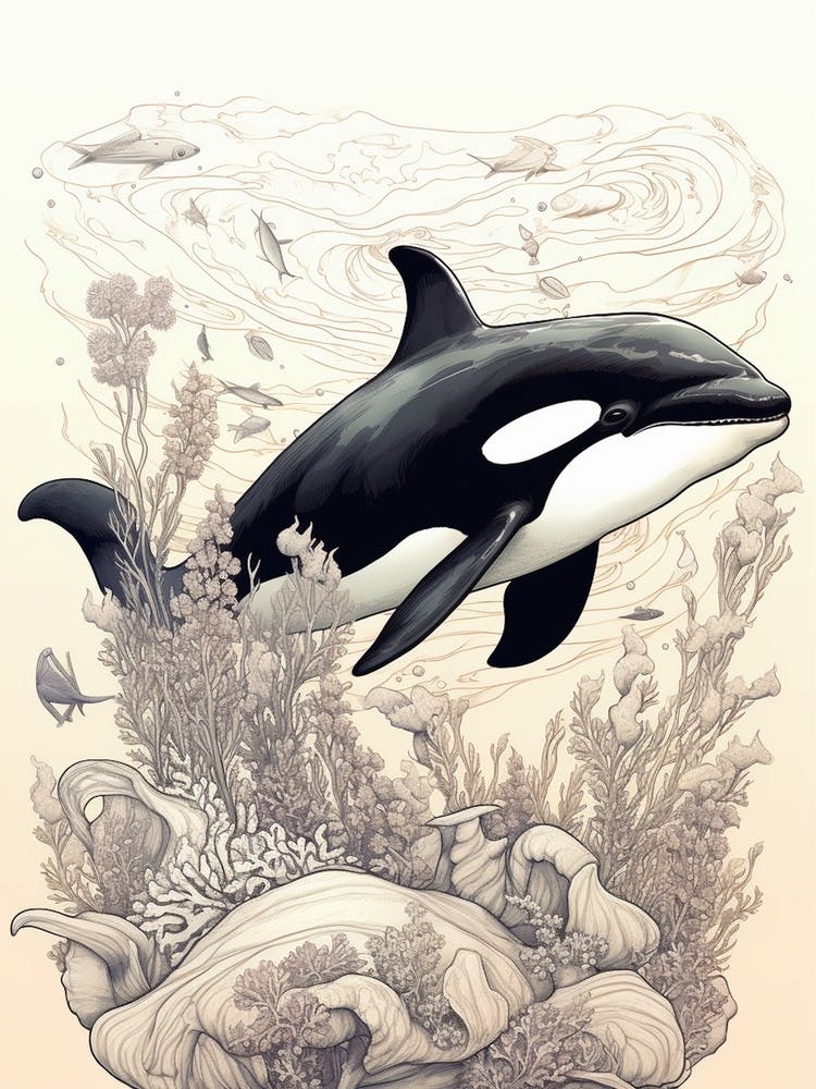 Black Linework Orca Whale Illustration With Coral
