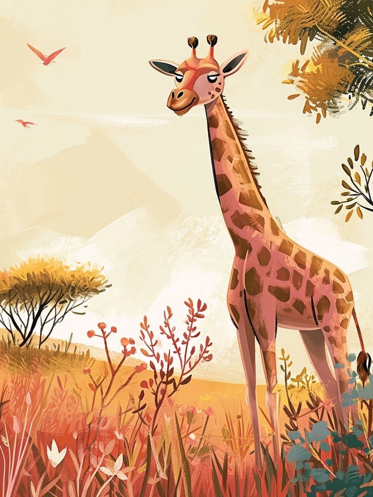 Giraffe In The Grass Colourful Illustration 2