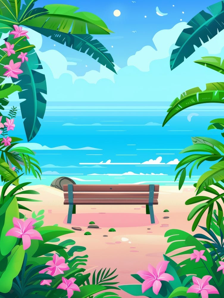 Scène de Plage Avec Banc et Fleurs
