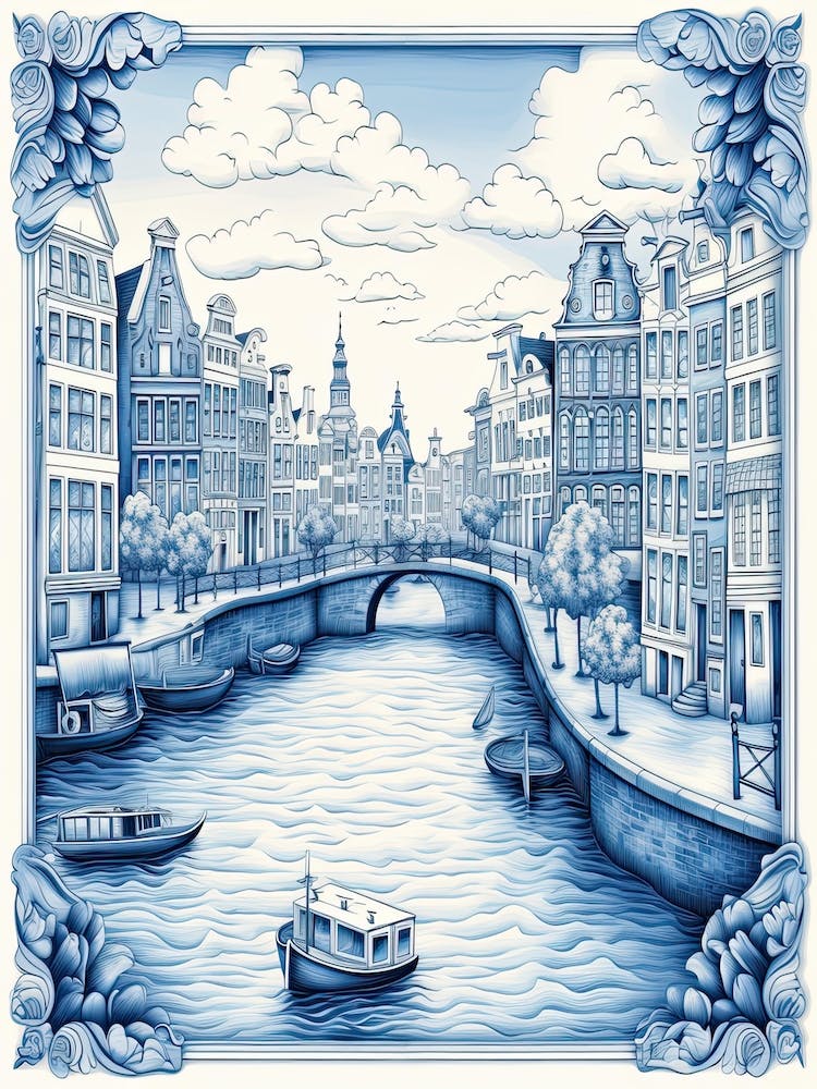 Amsterdam Canal Delft Tile Illustration 4