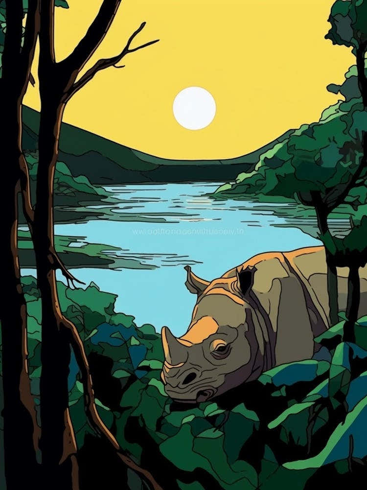 A Rhino Peeking Out Behind Leaves 1