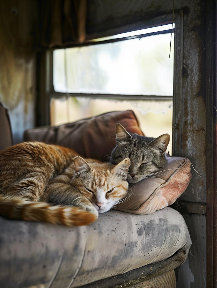 Two Cats Sleeping On A Couch