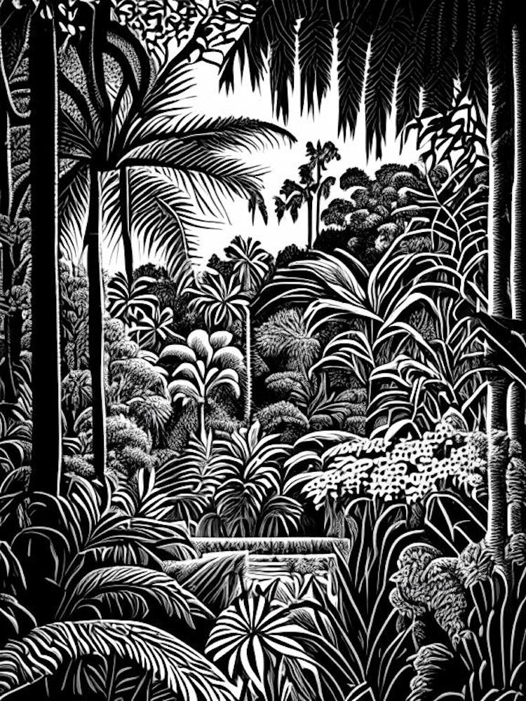Nong Nooch Tropical Garden, 1, Thailand Linocut Black And White Vintage
