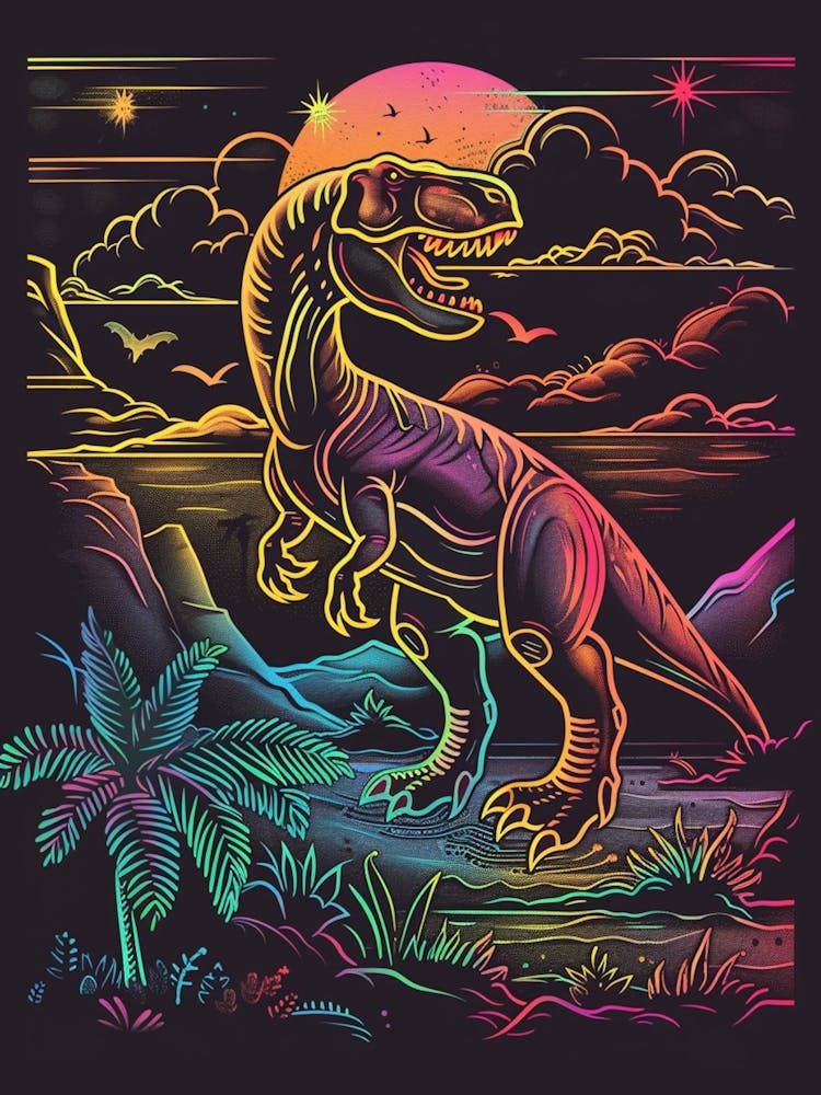 Dinosaur At Night In The Neon Desert